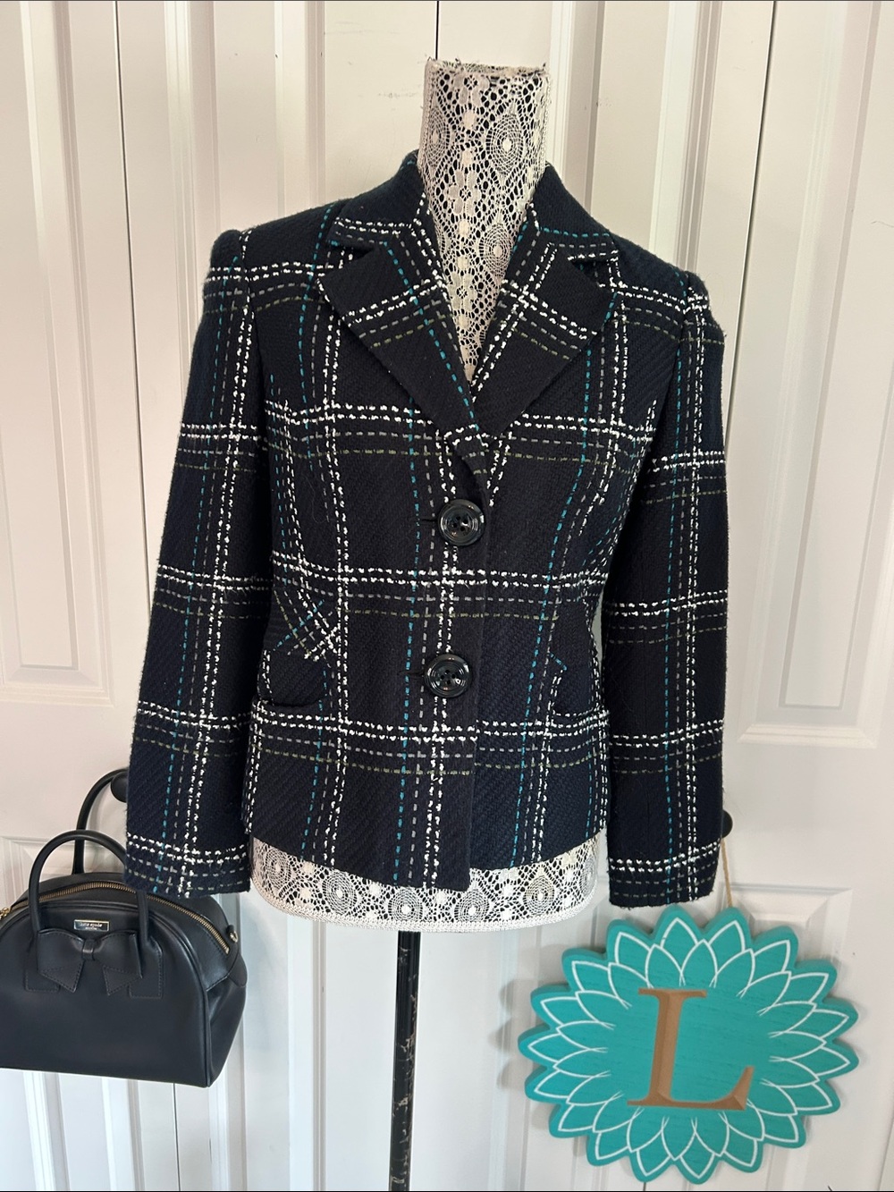 Cleo Navy Plaid Structured Academic Workwear Blazer Petite 2